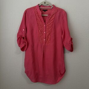 For Cynthia Tunic Top Womens Size Medium Linen Blend Pink Lace Roll Tab